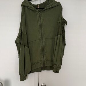 Free People Dark Green Zip Up with Bows on Sleeve